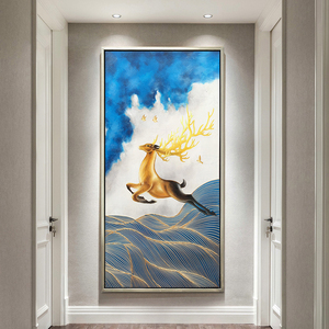 手绘招财鹿金鹿高升玄关过道入门油画客厅竖版轻奢北欧式装饰壁画