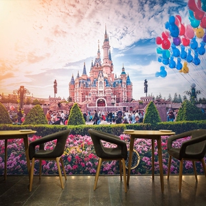 上海迪士尼墙贴壁画酒店餐厅公主儿童房卡通主题城市夜景城堡墙纸