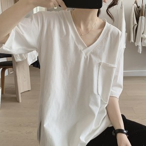 日本代购COS开叉短袖t恤女夏季宽松显瘦前短后长口袋棉质半袖上衣
