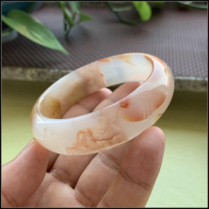 纯天然精品高冰强荧光花瓣粉龙纹樱花玛瑙手镯口径62mm包邮