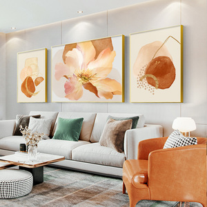北欧风格橙橘色沙发背景墙面挂画客厅装饰画花卉现代抽象三联壁画