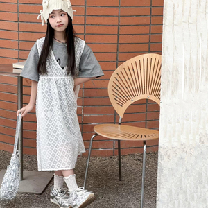 韩国亲子童装2024夏装儿童短袖T恤蕾丝连衣裙女童套装网纱背心裙
