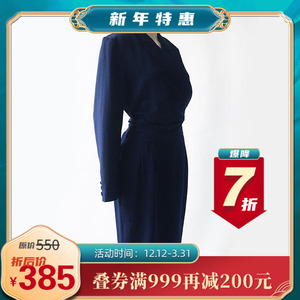 1孤品Vintage日本制古着藏蓝色西装领假两件长袖复古羊毛连衣裙