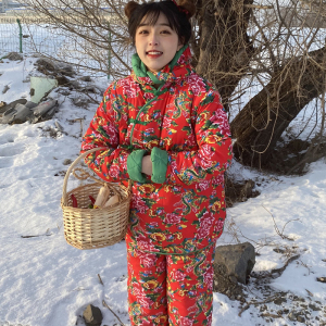 东北大棉袄大花布衣服冬季民族风棉服中式夹棉外套棉衣棉裤女套装