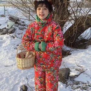 东北大花袄大棉袄女士冬季加厚民族风碎花棉服外套棉衣棉裤套装