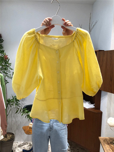 2024夏季新款韩版系扣麻料黄色小衬衫女灯笼袖V领拼接纯色上衣潮