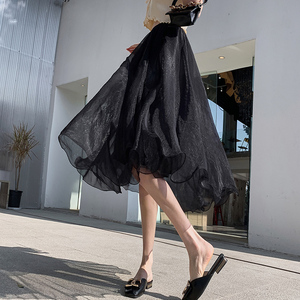 黑色星空网纱半身裙雪纺纱温柔甜美大摆裙仙女2022年春款百搭长裙