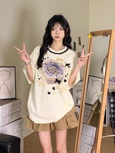 日系甜美女装小蛋糕印花短袖T恤夏季蕾丝拼接宽松设计感软妹上衣
