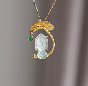 现货忆翠堂18k金镶嵌天然a货缅甸翡翠玉冰种荷叶伞宝宝佛女款吊坠