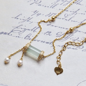 现货忆翠堂18k金镶嵌天然a货翡翠玉冰种圆柱珍珠女款锁骨链项链