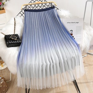 2021春夏新款高腰显瘦中长款渐变亮闪闪拼接网纱大摆半身裙女裙子