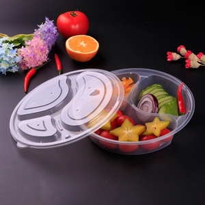 圆形3格 透明黑色分格饭盒带盖1000ml 商务便当盒兴达食品包装132