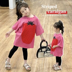 女童草莓T恤裙夏装新款韩系时髦儿童宽松短袖休闲裙子女宝连衣裙
