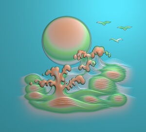 太阳 浪花 圆牌 水浪 海浪 精雕图 浮雕玉雕灰度图 电脑雕刻 jdp