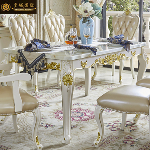 欧式大理石餐桌客厅长方形吃饭桌全实木方行餐桌餐椅组合白色描金