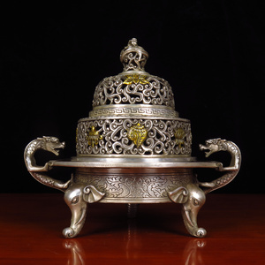 藏式铜香炉八吉祥熏香炉黄铜镀银描金大象香薰炉吉祥八宝盘香熏炉