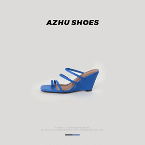 AZHUSHOES双色坡跟凉鞋女款真皮夹趾细带高跟小众高级感罗马凉拖