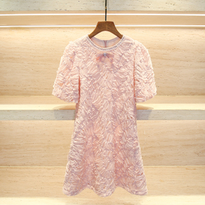 深圳南油高端欧货女装法式小香风立体盘花高级感粉色灯笼袖连衣裙