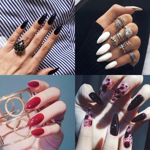 包邮假指甲贴片尖头黑长款穿戴美甲暗黑欧美朋克可取可带成品甲片