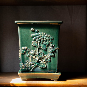 陶一峰9寸扇形盆贴花 仿古园林盆景石湾陶瓷传统手工釉彩花盆客厅1人