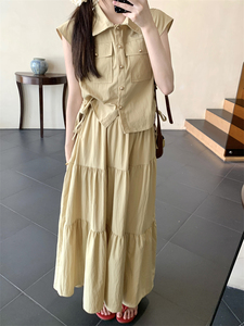 时尚两件套夏季韩版抽绳口袋装饰短袖衬衫女装+大摆半身长裙套装