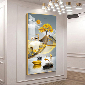 金鹿步步高升入户玄关装饰画走廊过道壁画轻奢客厅晶瓷画竖版挂画