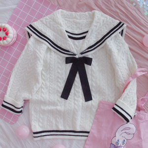 下森家海军领白色毛衣少女宽松慵懒学院风日系软妹毛线粗棒针织衫