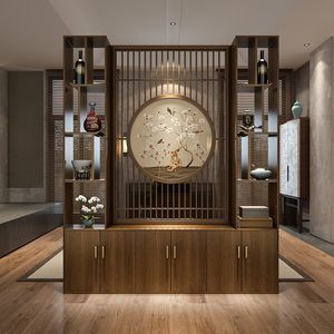 新中式屏风隔断柜别墅客厅实木置物玄关墙大厅入户电视架遮挡座屏