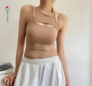 纯色交叉背心胸前开口修身上衣美背性感外穿镂空假两件夏季女装