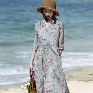 碎花棉麻连衣裙女夏季系带收腰文艺复古中袖宽松显瘦亚麻中长裙子