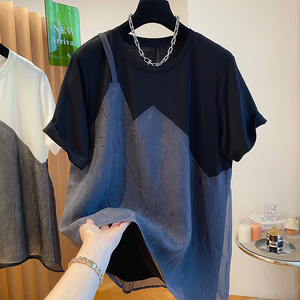 2024新款韩国设计感小众吊带网纱拼接假两件t恤女短袖宽松上衣夏