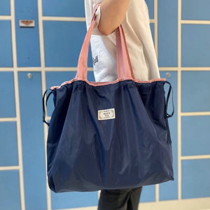 超市纯色大容量环保购物袋外出收纳便携单肩包可折叠抽绳旅行包