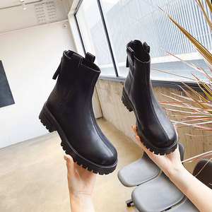 格丽斯2021冬季新款女百搭时装靴粗跟中跟短靴厚底马丁靴弹力女鞋