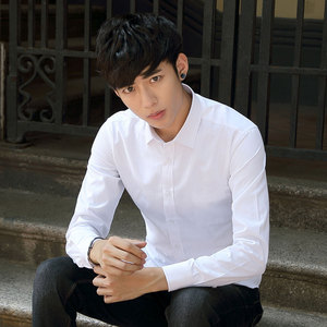春秋季男士长袖衬衫韩版修身工装商务职业纯白衬衣正装黑色寸衣服