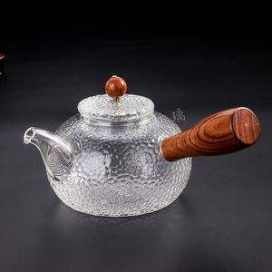 日本手工耐热锤纹加厚玻璃侧把煮茶壶泡茶壶高硼硅泡茶器引嘴木珠