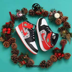 nike/耐克air jordan 1 aj1 mid 黑红圣诞丑毛衣女子中帮篮球鞋