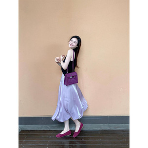 小众设计裙子仙女超仙森系流光紫色绸面花苞裙半身裙女2024中长裙