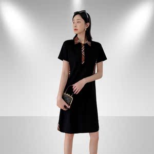 巴宝莉纯色2022夏季新款女装英伦polo领中长款短袖修身高腰连衣裙