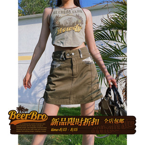 beerbro美式复古设计感拼接工装半裙女夏高腰辣妹绑带显瘦短裙ins