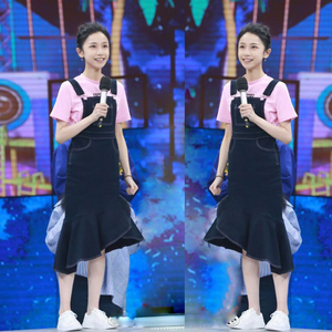 快乐大本营明玉姜梓新明星同款背带牛仔裙中长款修身鱼尾荷叶边裙