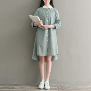 2018春季女装文艺范学院风条纹棉麻中裙衬衫裙子宽松长袖连衣裙女