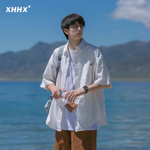 日系短袖衬衫男士夏季薄款潮牌纯棉白色衬衣套装宽松休闲寸衫外套
