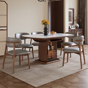 岩板餐桌胡桃色伸缩储物实木可变圆桌小户型家用折叠中古风饭桌