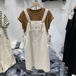 韩版明线口袋背带连衣裙套装女2024夏季新款小个子短袖T恤两件套