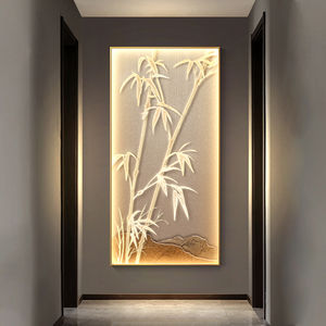 新中式玄关装饰画玄幻竹报平安走廊竖版灯画入户正对门墙竹子挂画