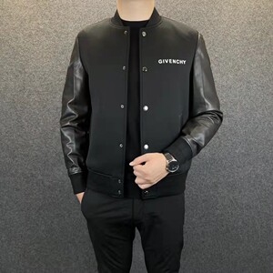 givenchy/纪梵希 21秋冬款男士真皮拼接休闲修身夹克字母刺绣外套