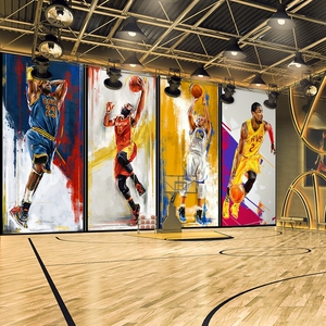 nba球星篮球墙纸运动体能馆背景墙壁画3d卧室健身房球馆装饰壁纸