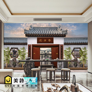 美诗壁画淘宝中式古典建筑屋檐壁纸餐厅古色古香装饰壁画酒楼饭店