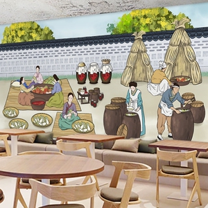 朝鲜族风俗风情装饰墙纸韩国料理店泡菜壁画韩式石锅烤肉餐厅壁纸