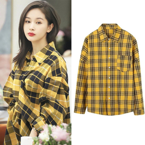 王子文怦然心动同款衣服休闲黄色格子衬衫女设计感小众中长款衬衣
